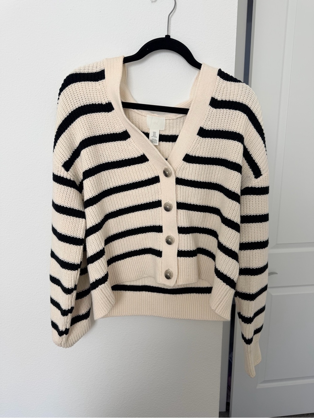 H&M Cream and Black Striped V‑Neck Button Cardigan
